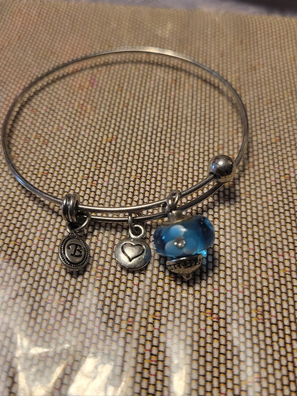 Silver Expandable Bangle Bracelet with Blue Glass Flower Charm